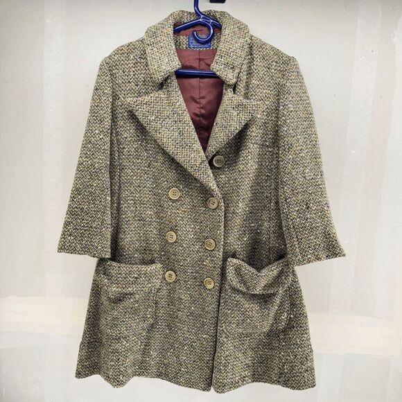 Vintage Womens 60s Green Tweed Double Breasted Pea Coat 1960s Size XS - Picture 1 of 3